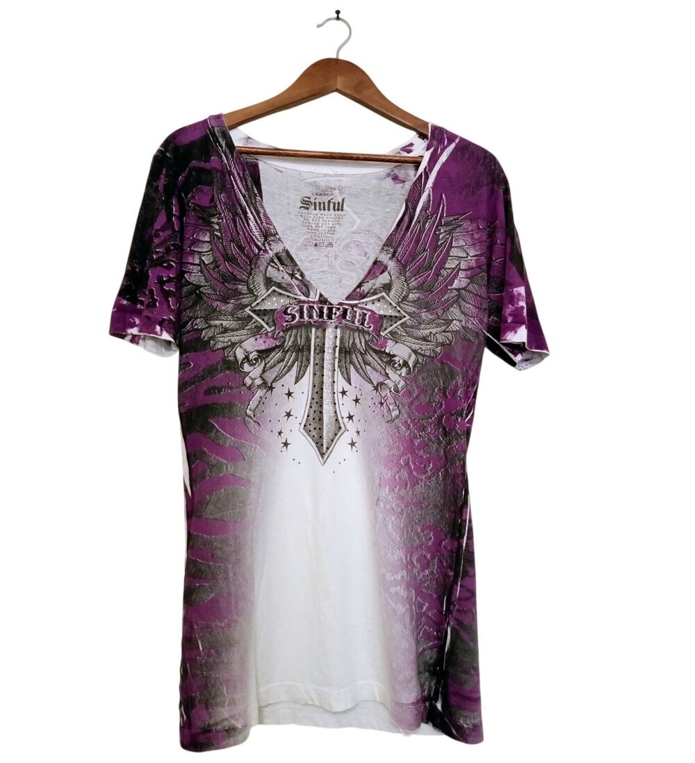 Vtg Y2K Sinful by Affliction Rhinestone Wing Cross Purple V-Neck Women's Top XL